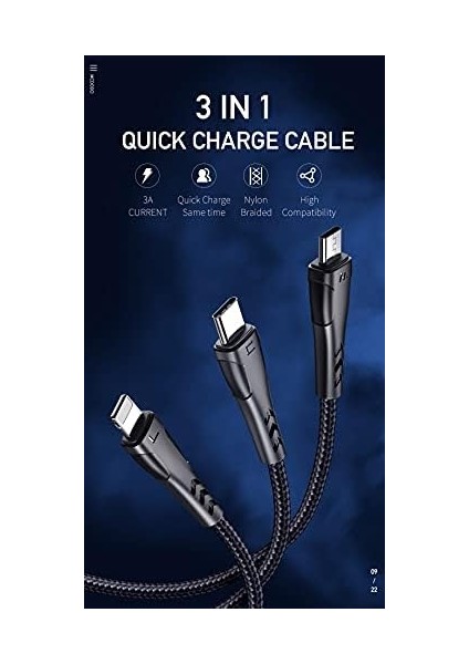 CA-6960 3in1 Lightning-Micro-Type-C Şarj Kablosu 3A 1.2m Siyah fiyatları