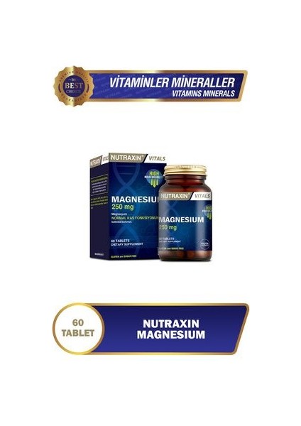 250 mg Aromasız Magnezyum Takviye Edici Gıda - 60 Tablet, Gluten ve Şeker İçermez, Türkiye Menşeli fiyatları