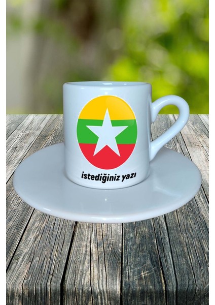 Nyanmar Ülke Bayrağı Bayrak Baskılı Türk Kahvesi Fincanı Tabaklı Kişiye Özel Model 1 fiyatları