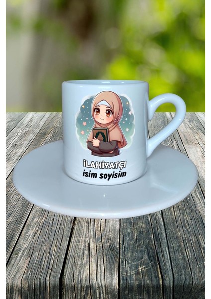 Ilahiyatçı Meslek Baskılı Türk Kahvesi Fincanı Tabaklı Kişiye Özel Model 2