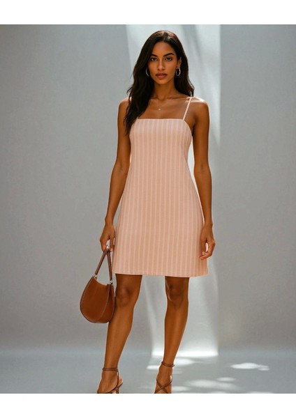 Sonya Çizgili Ithal Keten Askılı Elbise