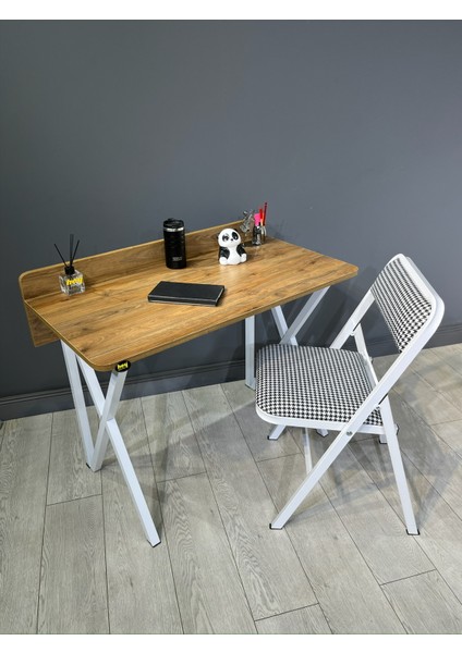 Buse Çalışma Masası Ofis Bilgisayar Masası + Katlanır Sandalyeli 103 cm Metal Siyah Ayak