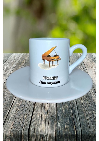 Piyanist Meslek Baskılı Türk Kahvesi Fincanı Tabaklı Kişiye Özel Model 2