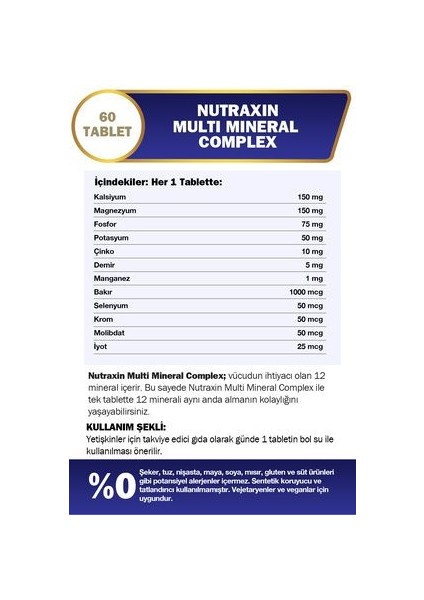 Çoklu Mineral Kompleksi 60 Tablet - Kalsiyum, Magnezyum, Çinko, Demir ve Diğer Mineraller İçeren Takviye Edici Gıda