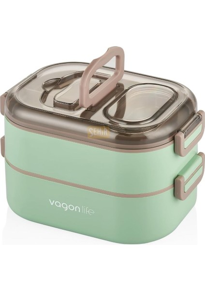 Bento 1000ML Lunchbox Çift Katlı 3 Bölmeli Çelik Sefer Tası Yemek Kutusu (Yeşil)