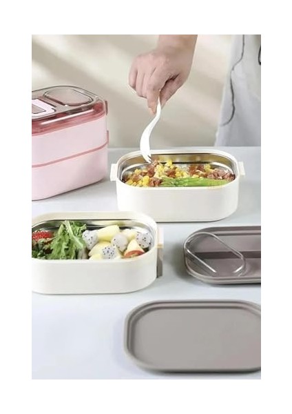 Bento 1000ML Lunchbox Çift Katlı 3 Bölmeli Çelik Sefer Tası Yemek Kutusu (Yeşil) modelleri