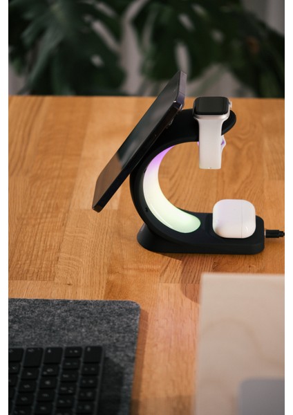 SL-CW20 Telefon, Saat, Kulaklık Uyumlu 15W Siyah Rgb Kablosuz Şarj Cihazı