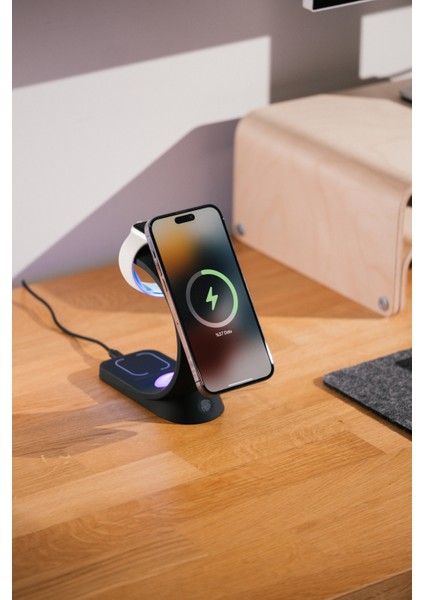SL-CW20 Telefon, Saat, Kulaklık Uyumlu 15W Siyah Rgb Kablosuz Şarj Cihazı