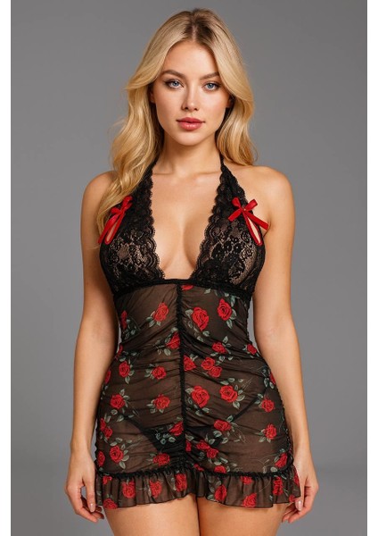 Siyah Dantel Işlemeli Gül Desenli Mini Fantezi Gecelik modelleri