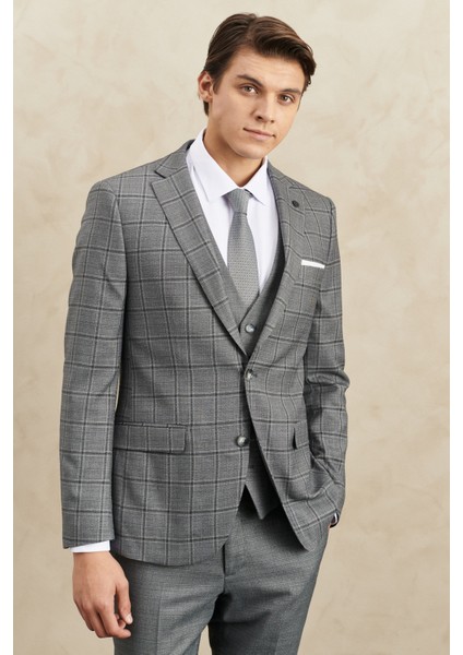 ALTINYILDIZ CLASSICS Erkek Gri Slim Fit Dar Kesim Mono Yaka Kareli Yelekli Klasik Takım Elbise