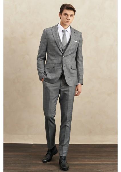 ALTINYILDIZ CLASSICS Erkek Gri Slim Fit Dar Kesim Mono Yaka Kareli Yelekli Klasik Takım Elbise fiyatları