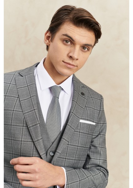 ALTINYILDIZ CLASSICS Erkek Gri Slim Fit Dar Kesim Mono Yaka Kareli Yelekli Klasik Takım Elbise fırsatları