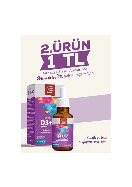 Vitamin D3 + K2 Damla 400 Damla 20 ml Zeytinyağı İçeren Takviye Edici Gıda - Türkiye Menşeli fiyatları