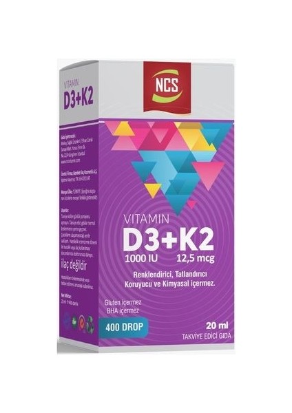 Vitamin D3 + K2 Damla 400 Damla 20 ml Zeytinyağı İçeren Takviye Edici Gıda - Türkiye Menşeli fırsatları