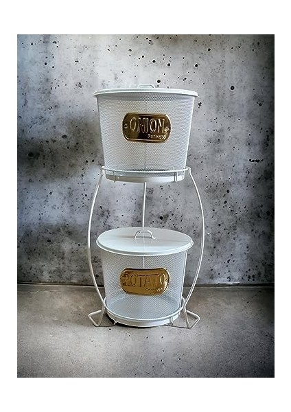 2 Katlı File Çelikten Üretilmiş Standlı Patates Soğan Kovaları, 2'li Metal Patates Soğanlık (Beyaz) fiyatları