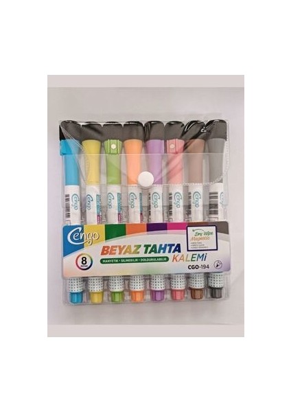 8'li Beyaz Tahta Kalemi Seti - Mavi, Sarı, Yeşil, Turuncu, Mor, Pembe, Kahverengi, Siyah, 14 cm, Manyetik Silgili, Desensiz modelleri