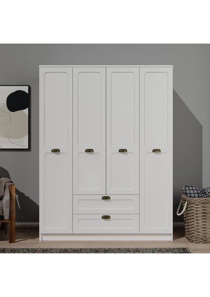 Alya Membran Gardırop Elbise Dolabı Geniş 4 Kapak 2 Çekmece Askılıklı Beyaz