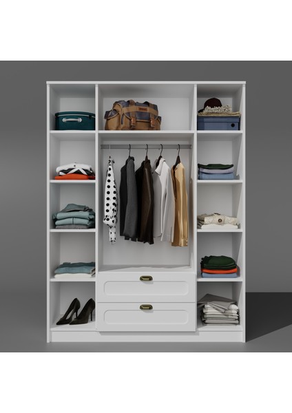 Alya Membran Gardırop Elbise Dolabı Geniş 4 Kapak 2 Çekmece Askılıklı Beyaz modelleri