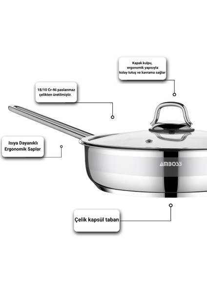 Saphire Paslanmaz Çelik 22 cm Cam Kapaklı Tava fiyatları
