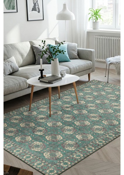 Relic Yeşil / Krem Vintage Dokulu Klasik Desenli Dokuma Tabanlı Şönil Halı Al 488