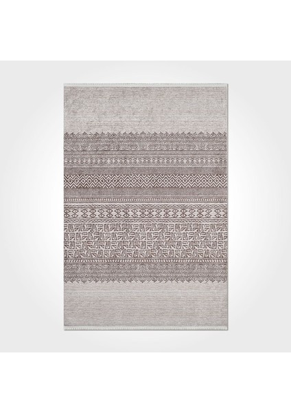 Helen Çizgili Bej Polyester Kare Modern Desenli Pamuk Makinada Yıkanabilir Hav Toz Vermez Leke Tutmayan Kaymaz Taban Dijital Makine Baskı Salon Yolluk Mutfak Halı