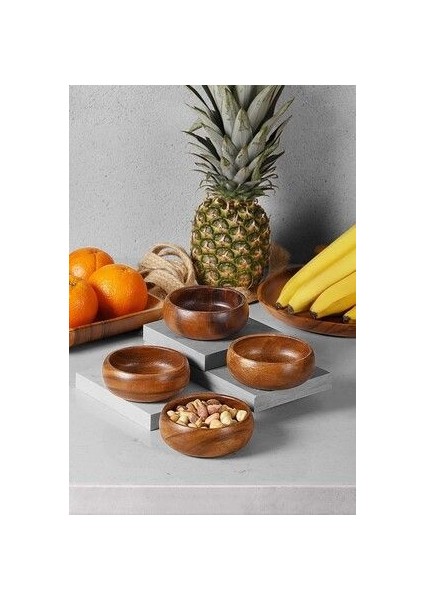 Doğal Akasya Ağacı Yuvarlak Çerezlik Seti - 11x3,5 cm, Kahverengi, 4'lü fiyatları