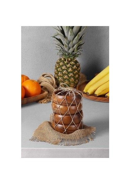 Doğal Akasya Ağacı Yuvarlak Çerezlik Seti - 11x3,5 cm, Kahverengi, 4'lü modelleri