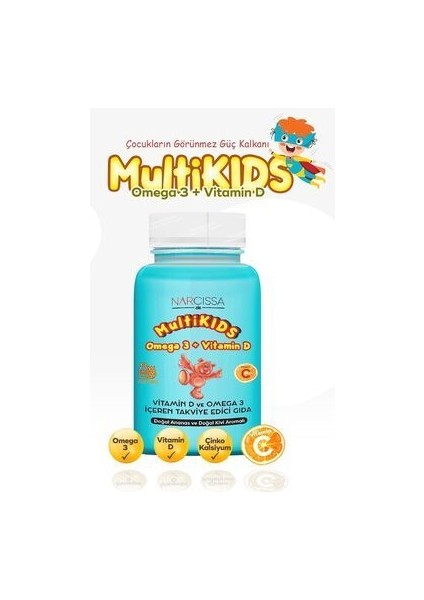 Multikids Omega 3 ve Vitamin D Doğal Ananas Aromalı Çiğnenebilir Tabletler - 90 Adet, Türkiye Menşeli indirimleri