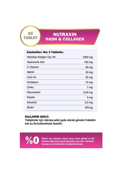 60 Tablet Takviye Edici Gıda - NADH, Hidrolize Kolajen, Hyaluronik Asit, Biotin ve Çinko İçerir, Türkiye Menşeli
