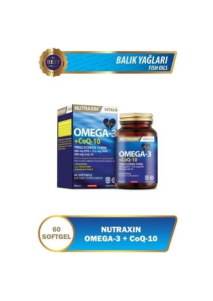 Omega-3 + CoQ-10 Takviye Edici Gıda - 60 Kapsül, 468 mg EPA, 312 mg DHA ve 200 mg CoQ-10 İçerir, Türkiye Menşeli fiyatları