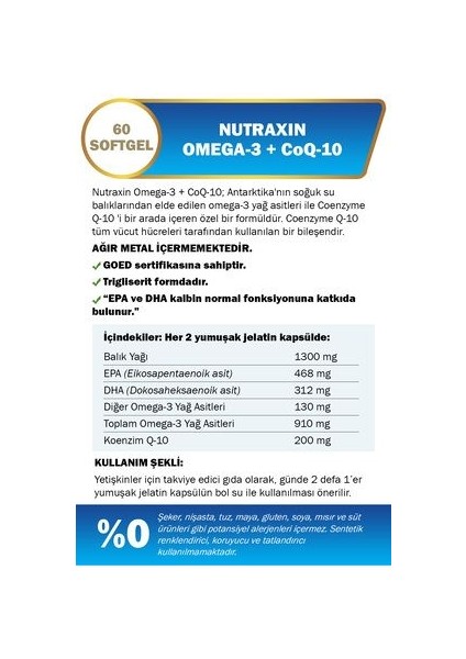 Omega-3 + CoQ-10 Takviye Edici Gıda - 60 Kapsül, 468 mg EPA, 312 mg DHA ve 200 mg CoQ-10 İçerir, Türkiye Menşeli modelleri