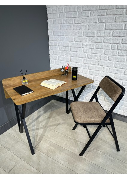 Buse Çalışma Masası Ofis Bilgisayar Masası + Katlanır Sandalyeli 103 cm Metal Siyah Ayak