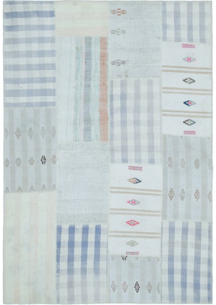 Teselya Bej Patchwork Yün Modern Desenli Yün Hav Toz Vermez Leke Tutmayan Salon Yolluk Mutfak El Dokuma Halı