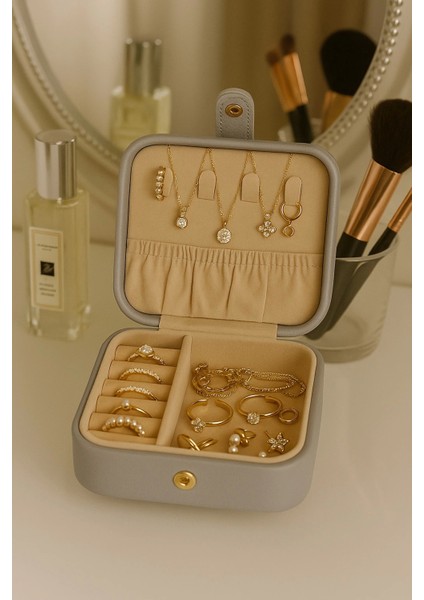 Deri Mini Baklava Desenli Seyahat Takı Bijuteri Mücevher Kutusu Organizer Düzenleyici 11,5cm Gri Ithal Ürün