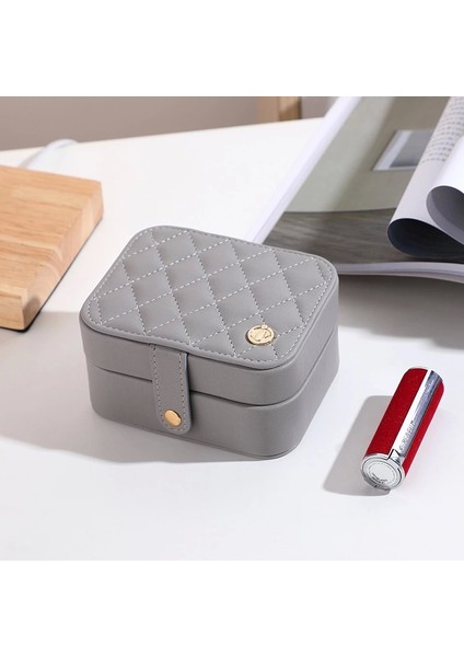 Deri Mini Baklava Desenli Seyahat Takı Bijuteri Mücevher Kutusu Organizer Düzenleyici 11,5cm Gri Ithal Ürün modelleri