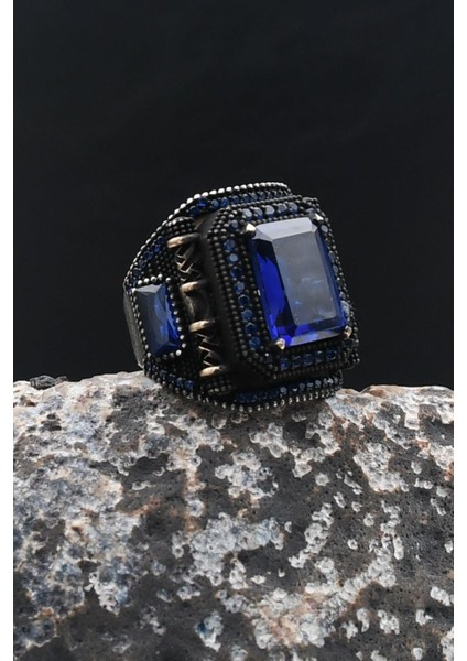 Lacivert Zirkon Taşlı Kare Tasarımlı 925 Ayar Gümüş Erkek Yüzük 902200