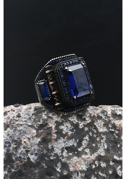 Lacivert Zirkon Taşlı Kare Tasarımlı 925 Ayar Gümüş Erkek Yüzük 902200 modelleri