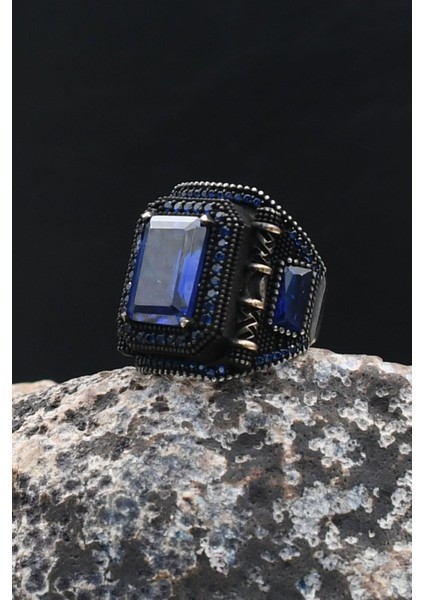 Lacivert Zirkon Taşlı Kare Tasarımlı 925 Ayar Gümüş Erkek Yüzük 902200 indirimleri