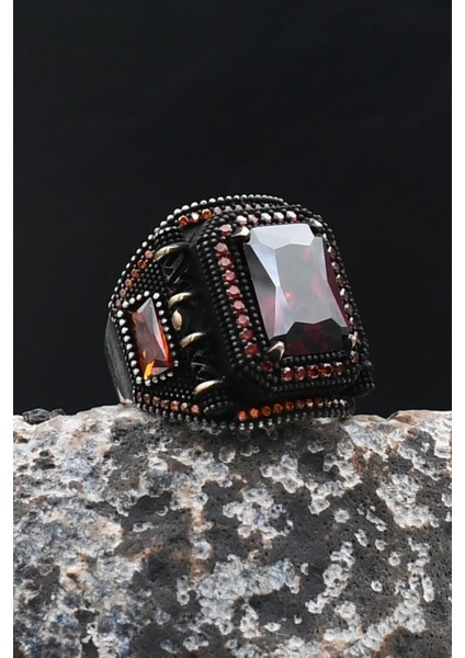 Kırmızı Zirkon Taşlı Kare Tasarımlı 925 Ayar Gümüş Erkek Yüzük 902201