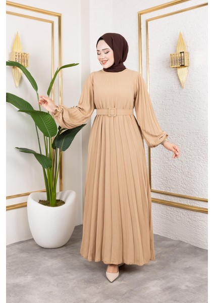 Kemerli Pliseli Tesettür ELBISE-3042 Vizon