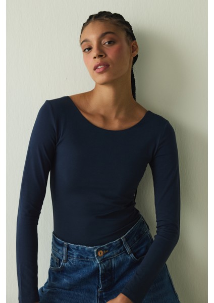 CUPsecret Kendinden Pedli Lacivert Bisiklet Yaka Uzun Kollu Slim Fit Üst fırsatları