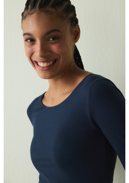 CUPsecret Kendinden Pedli Lacivert Bisiklet Yaka Uzun Kollu Slim Fit Üst