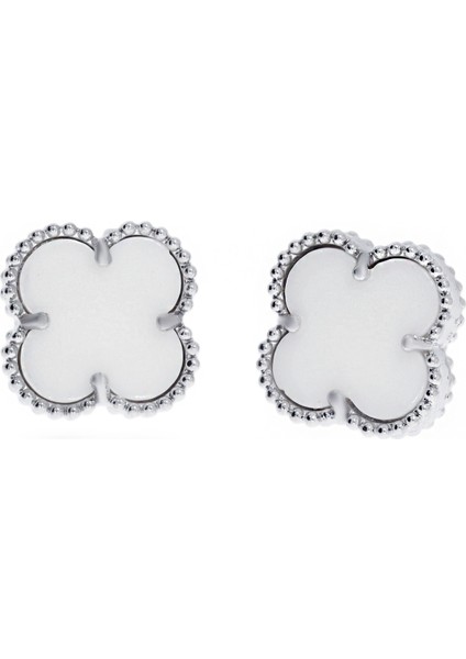 Kadın Beyaz Yonca Model Büyük Çelik Küpe