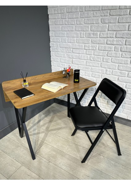 Buse Çalışma Masası Ofis Bilgisayar Masası + Katlanır Sandalyeli 103 cm Metal Siyah Ayak