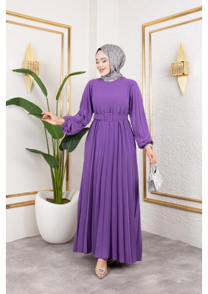 Kemerli Pliseli Tesettür ELBISE-3042 Lila