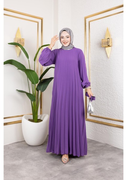 Kemerli Pliseli Tesettür ELBISE-3042 Lila fiyatları