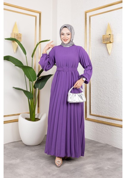 Kemerli Pliseli Tesettür ELBISE-3042 Lila fırsatları