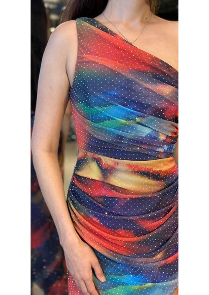 Saks Tek Omuzlu Yırtmaçlı Düz Kesim Desenli Uzun Abiye Elbise 11025 fırsatları