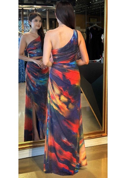 Saks Tek Omuzlu Yırtmaçlı Düz Kesim Desenli Uzun Abiye Elbise 11025 indirimleri