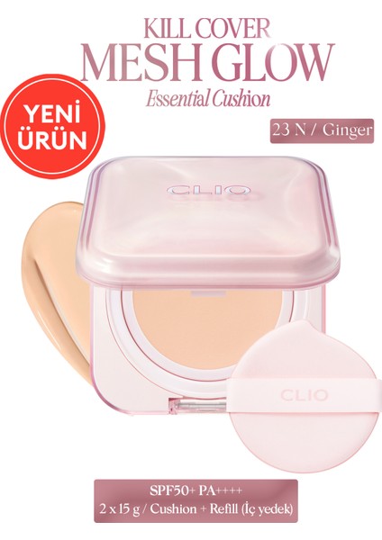 Hyalüronik Asit Içerikli Clıo Kill Cover Mesh Glow Essential Cushion Set (23N Ginger) SPF50+ Pa++++
